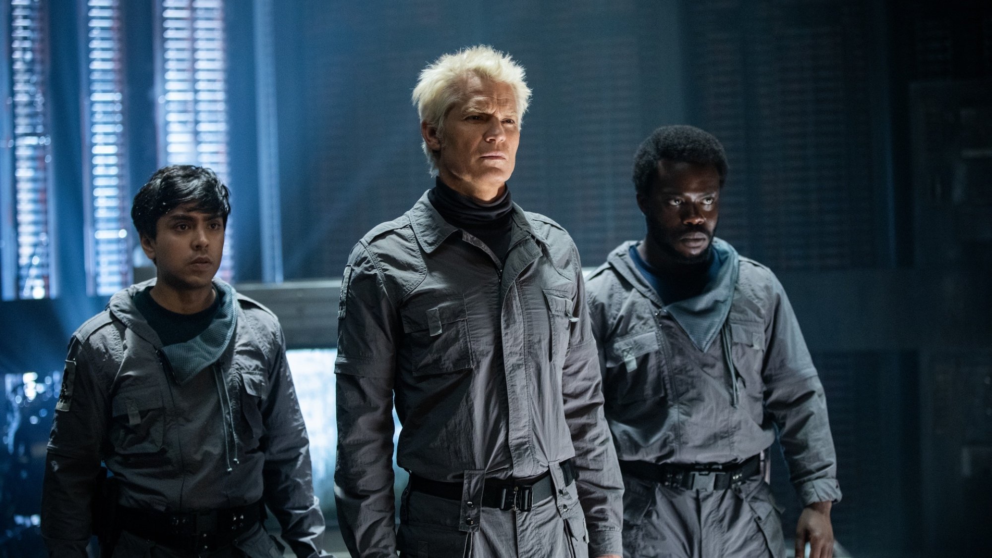 Adarsh Gourav, Timothy Olyphant, and Jonathan Ajayi in "Alien: Earth."