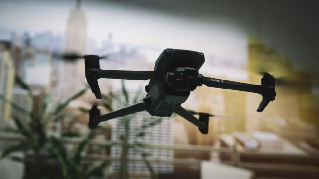 the DJI Mini 4K Fly More combo on a blue background with circles in differing shades of blue