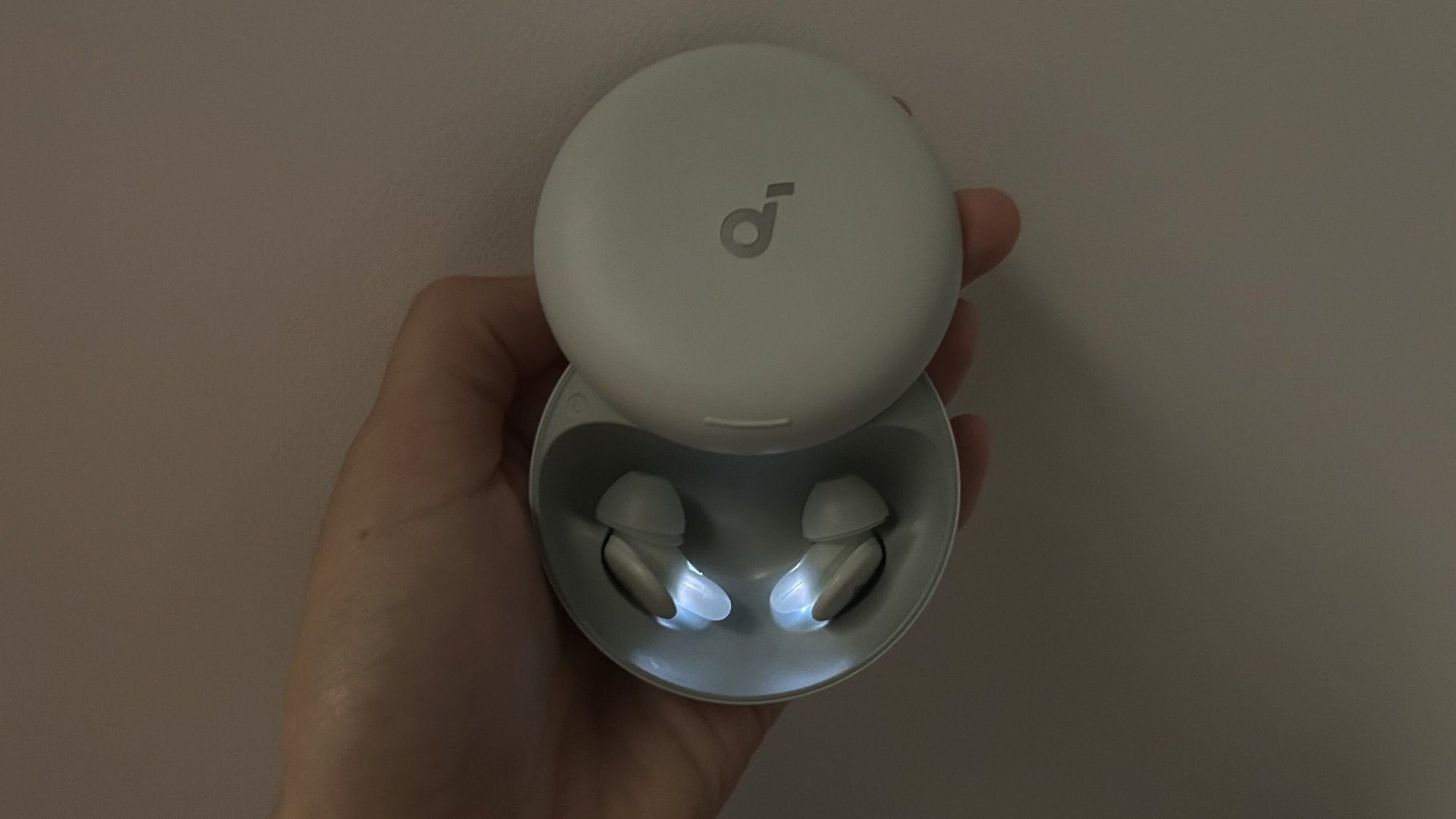 person holding sleep a30 case with earbuds in it