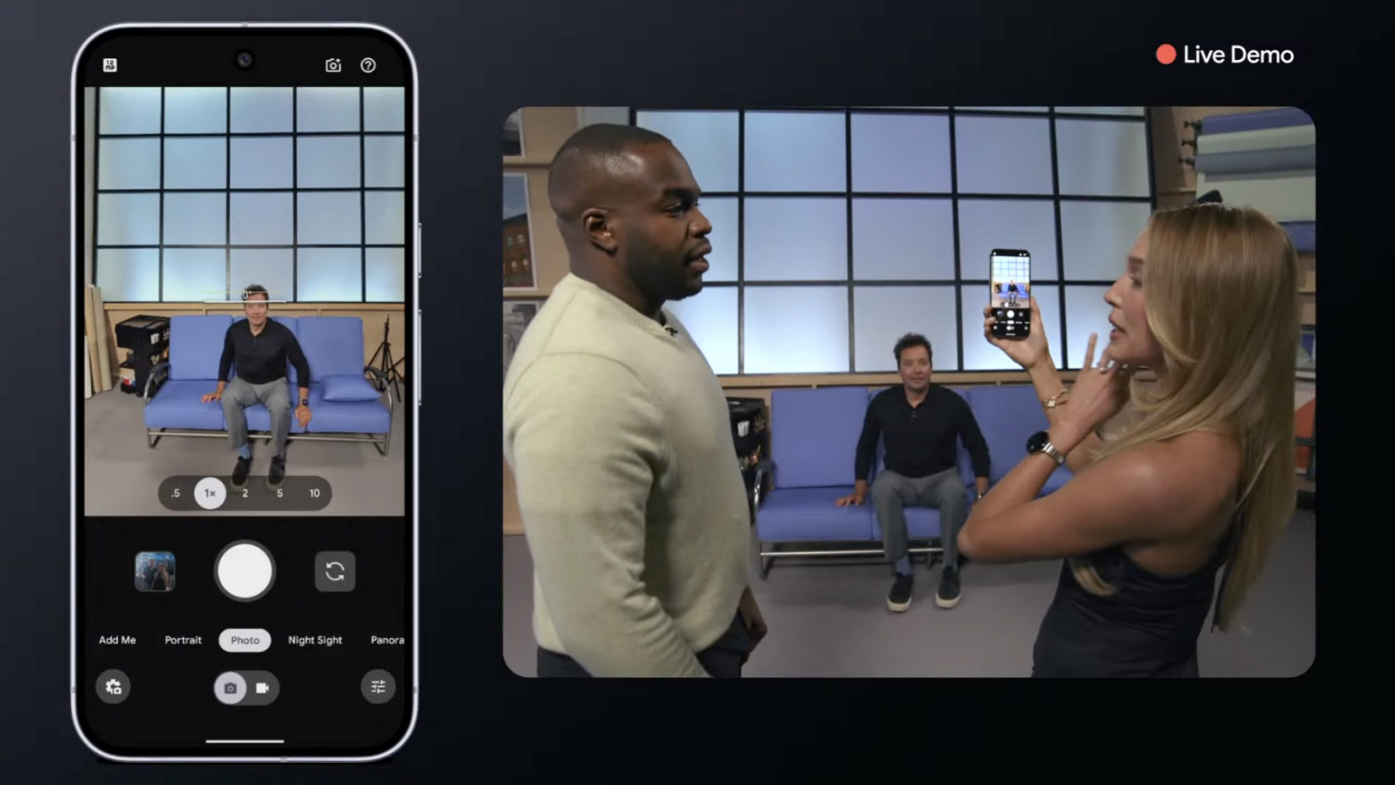 Alex Cooper using Camera Coach for Pixel 10 at the Made by Google event with Jimmy Fallon