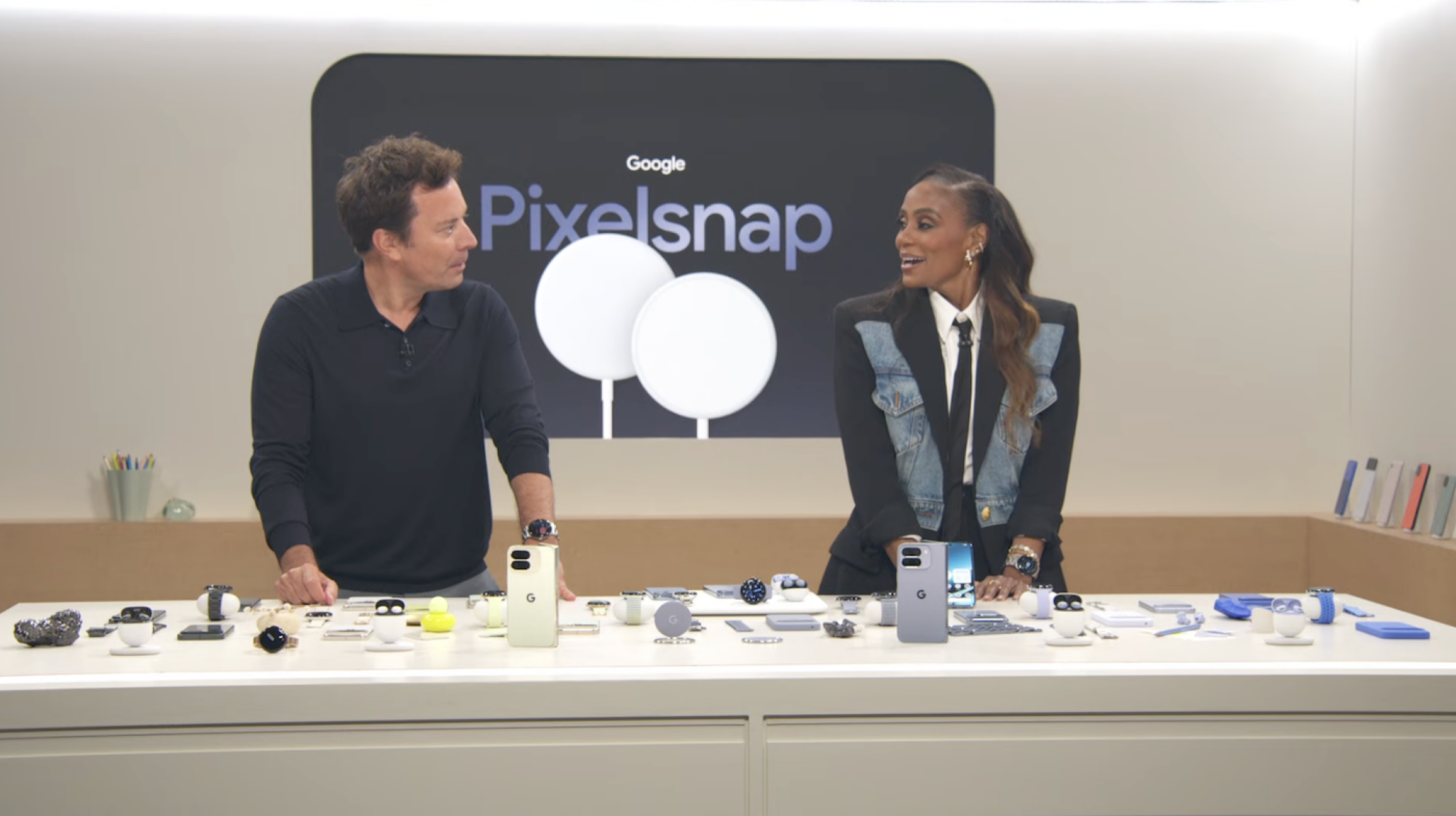 Jimmy Fallon and a Google person demonstrating Pixelsnap at Made by Google