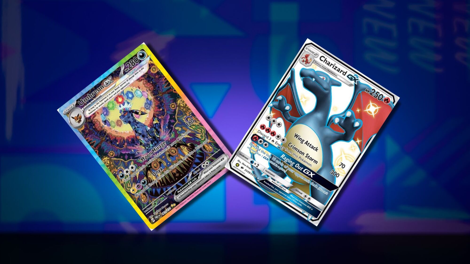 Umbreon ex SIR and Charizard GX SV49/SV94 on a blue patterned background