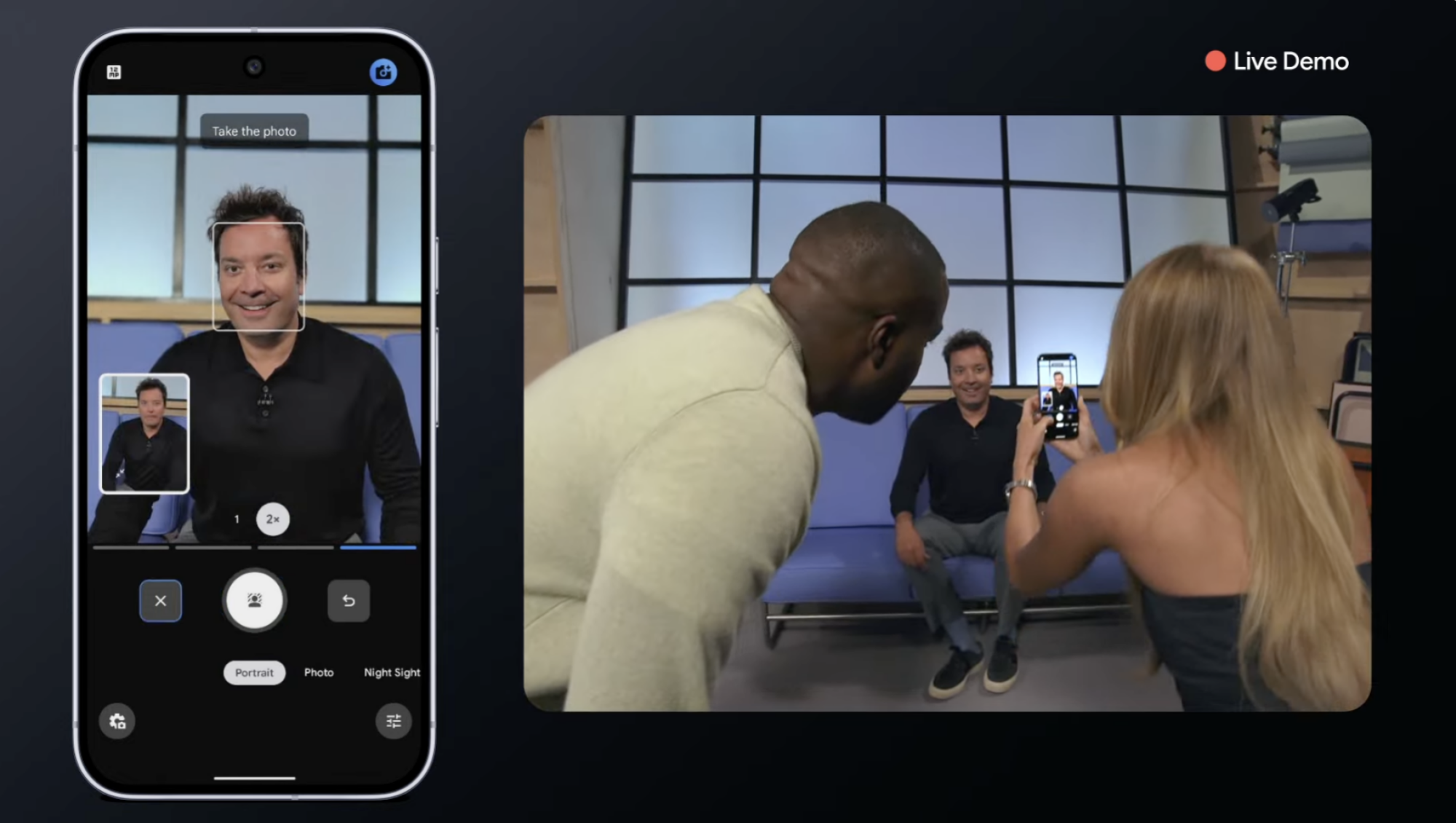 Alex Cooper using Camera Coach for Pixel 10 at the Made by Google event with Jimmy Fallon