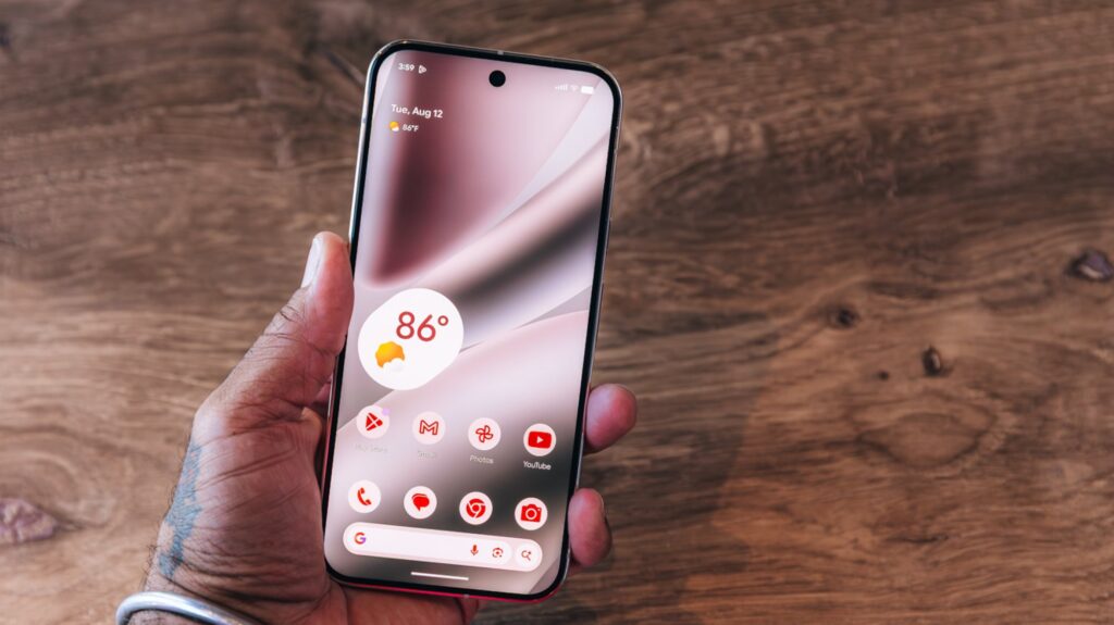 A side by side image of the (in order) Google Pixel Watch 4, Pixel Buds 2a, and Pixel 10 Pro