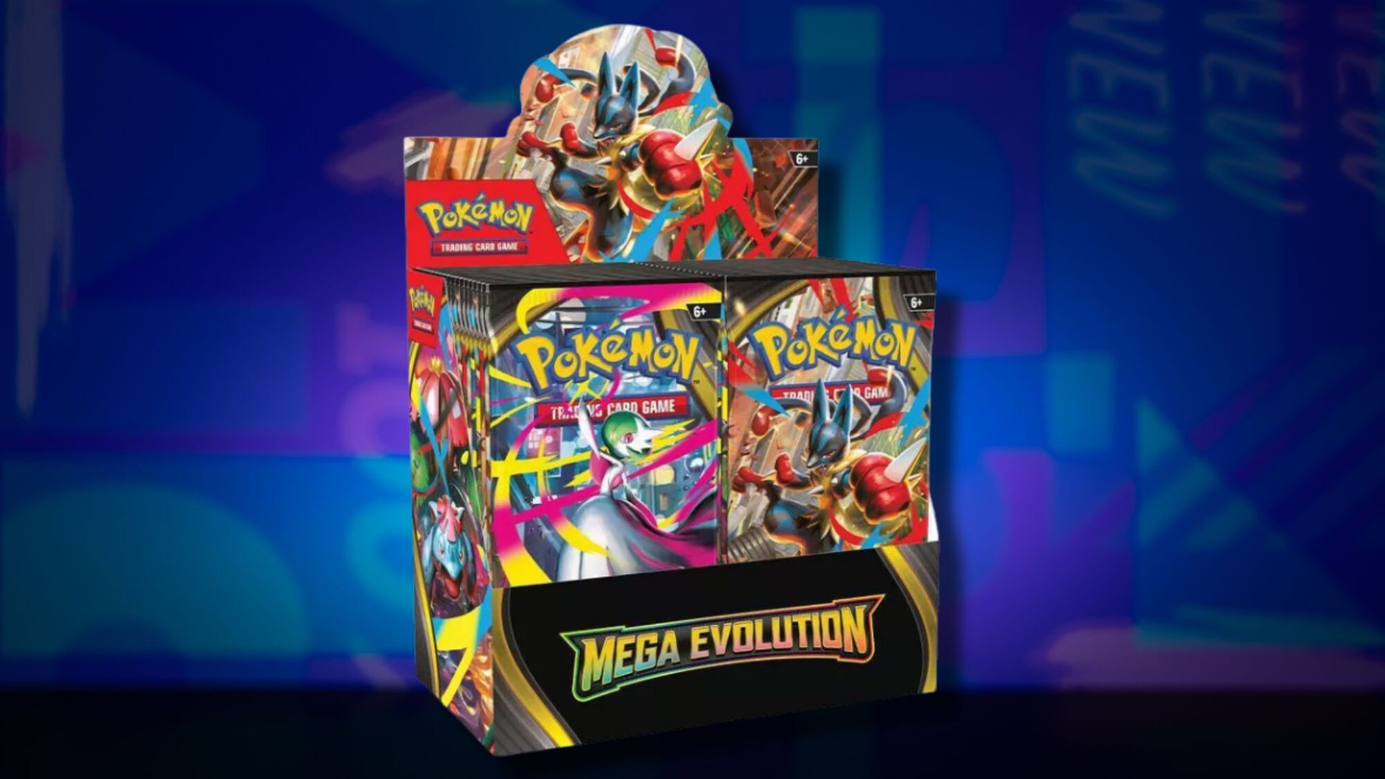 Mega Evolution Booster Box on a blue patterned background