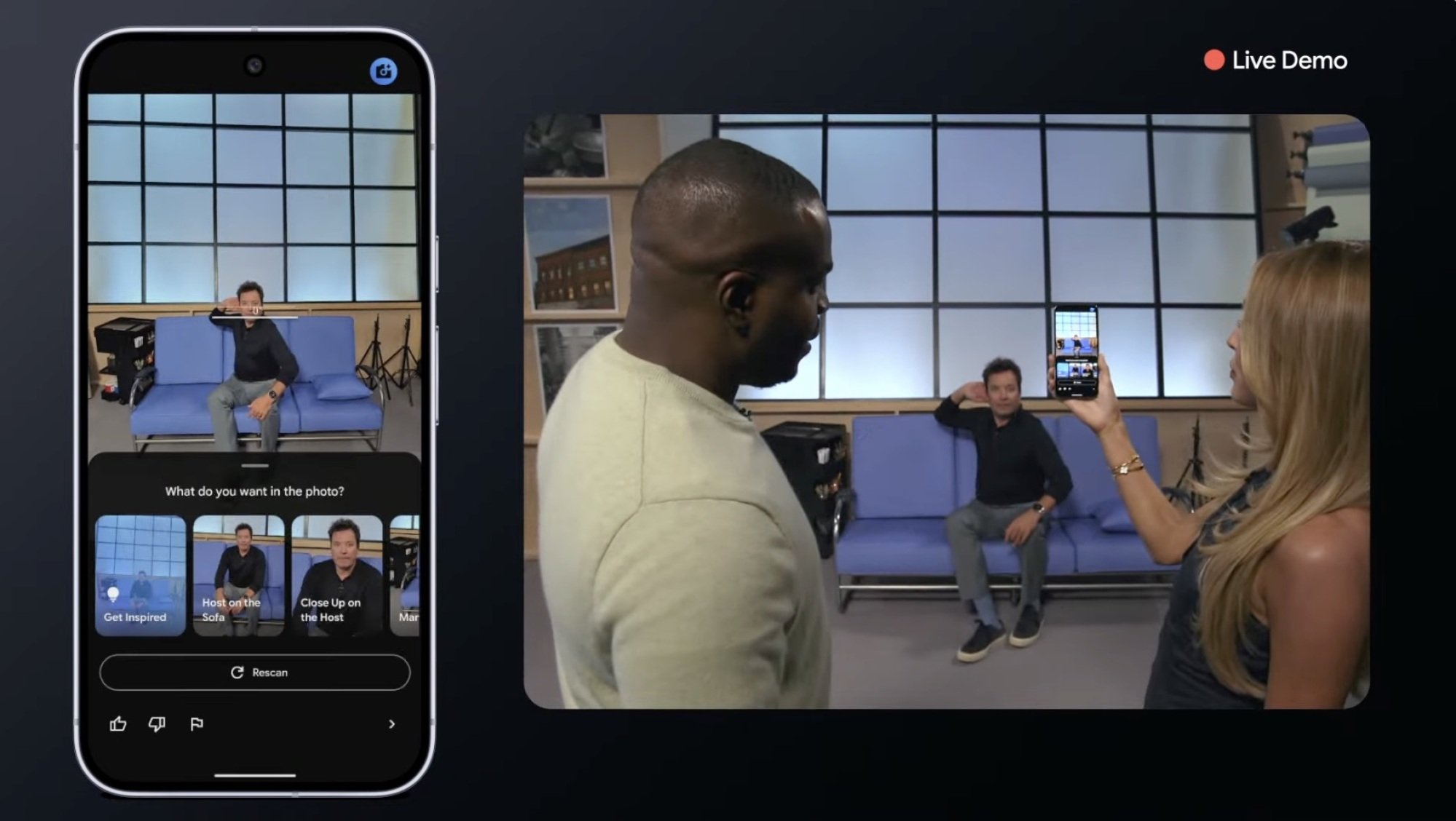 side by side screens of a google pixel 10 giving AI-assisted photo guidance and Cooper and Google demo-er taking a photo of fallon.