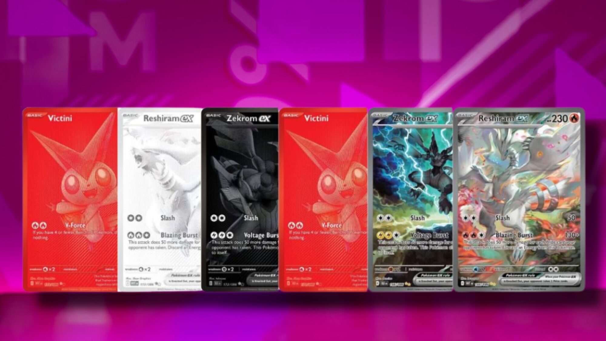 The top 6 most valuable Black Bolt and White Flare Pokémon Cards on a pink patterned background