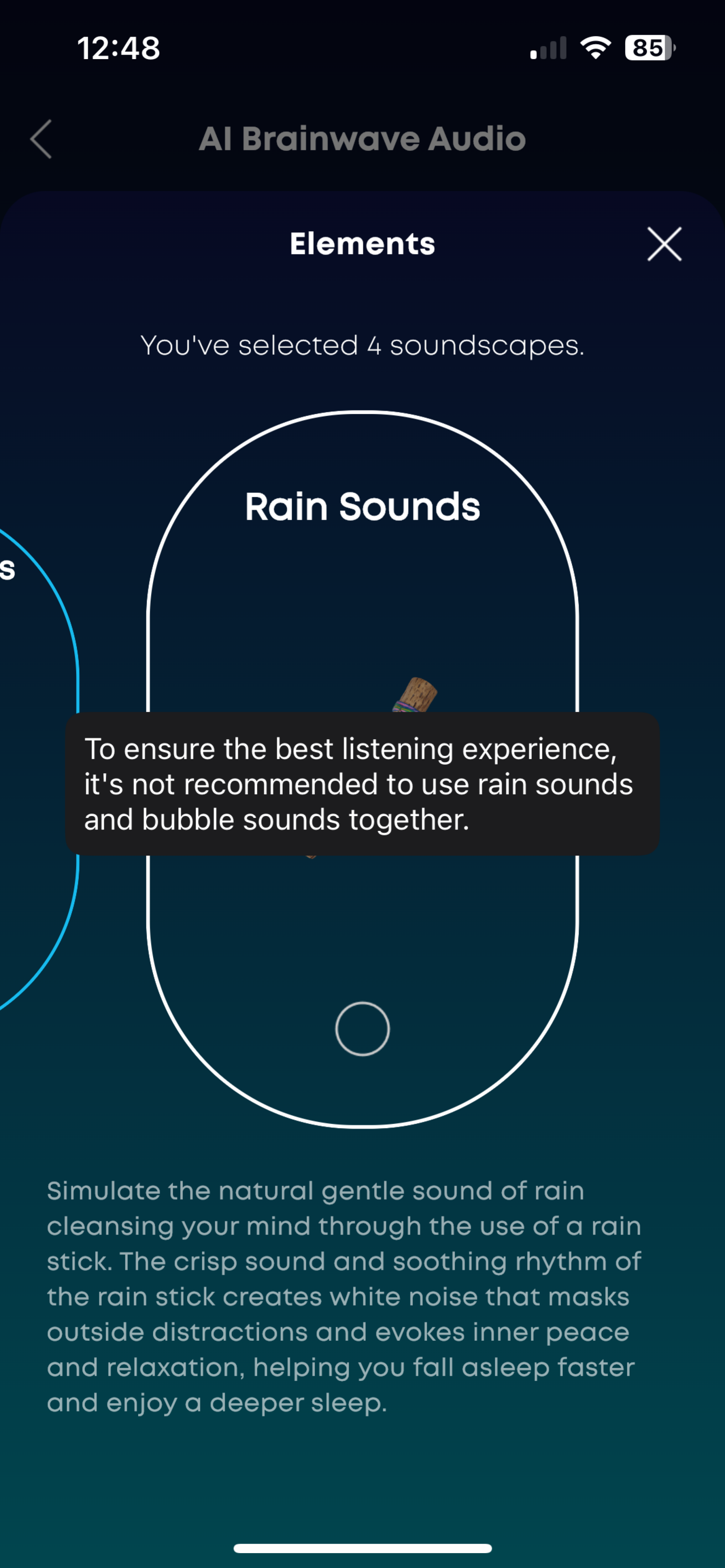 screenshot of element sounds in sleep a30 app