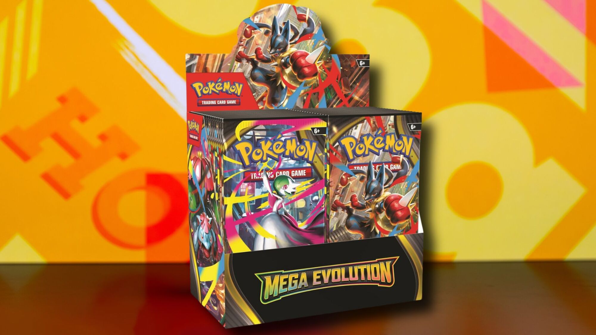 Mega Evolutions Booster Box on an orange patterned background