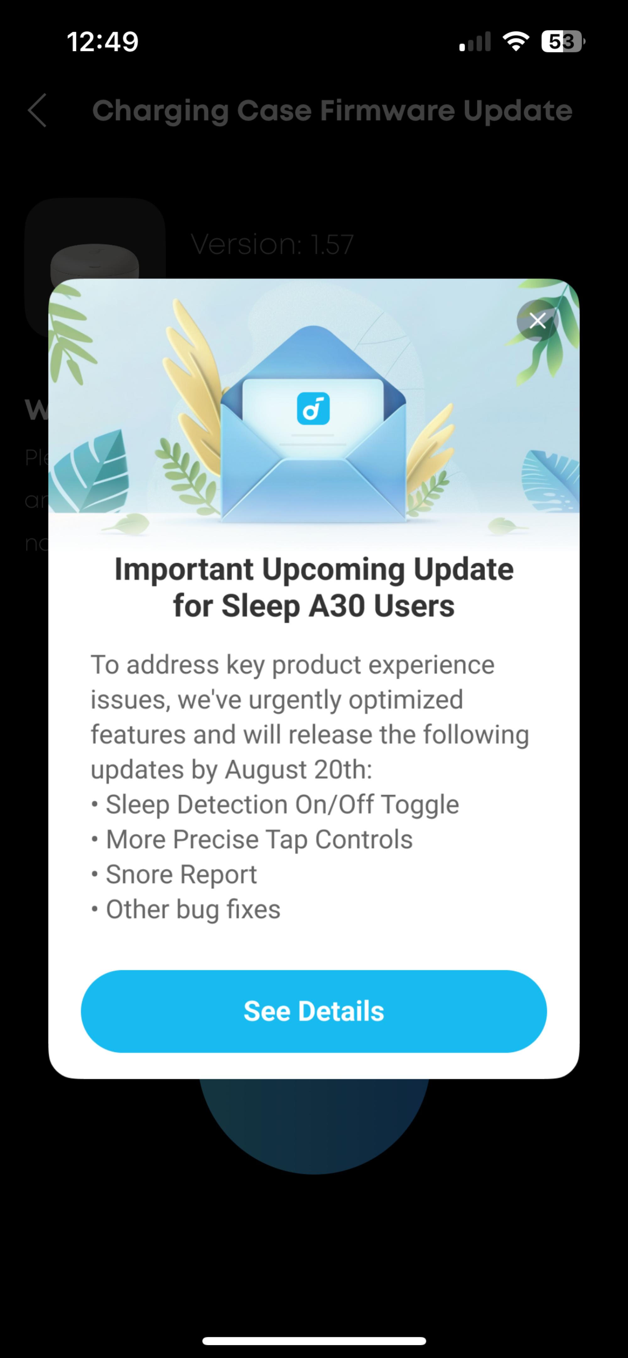 Soundcore Sleep A30 app screenshot with notification about new featurescoming