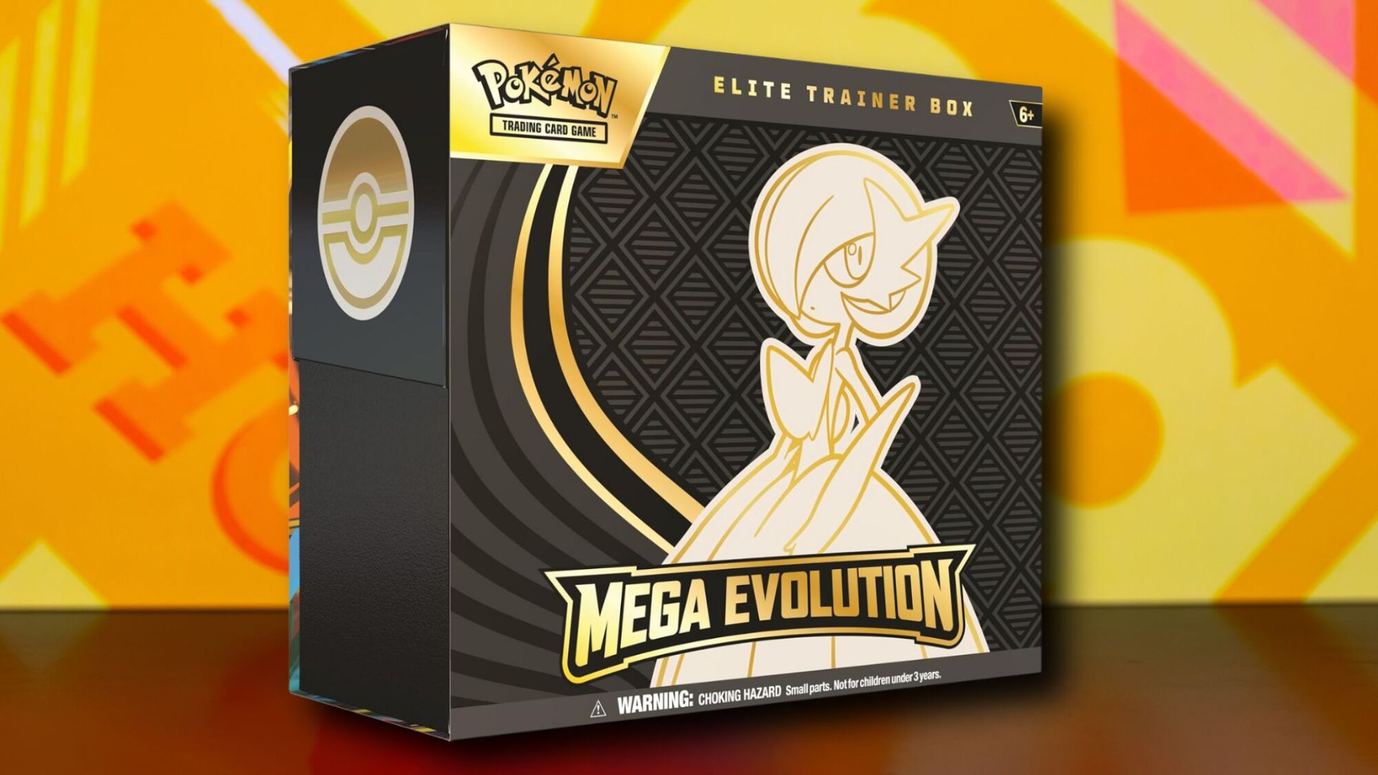 Mega Evolutions Elite Trainer Box on an orange patterned background