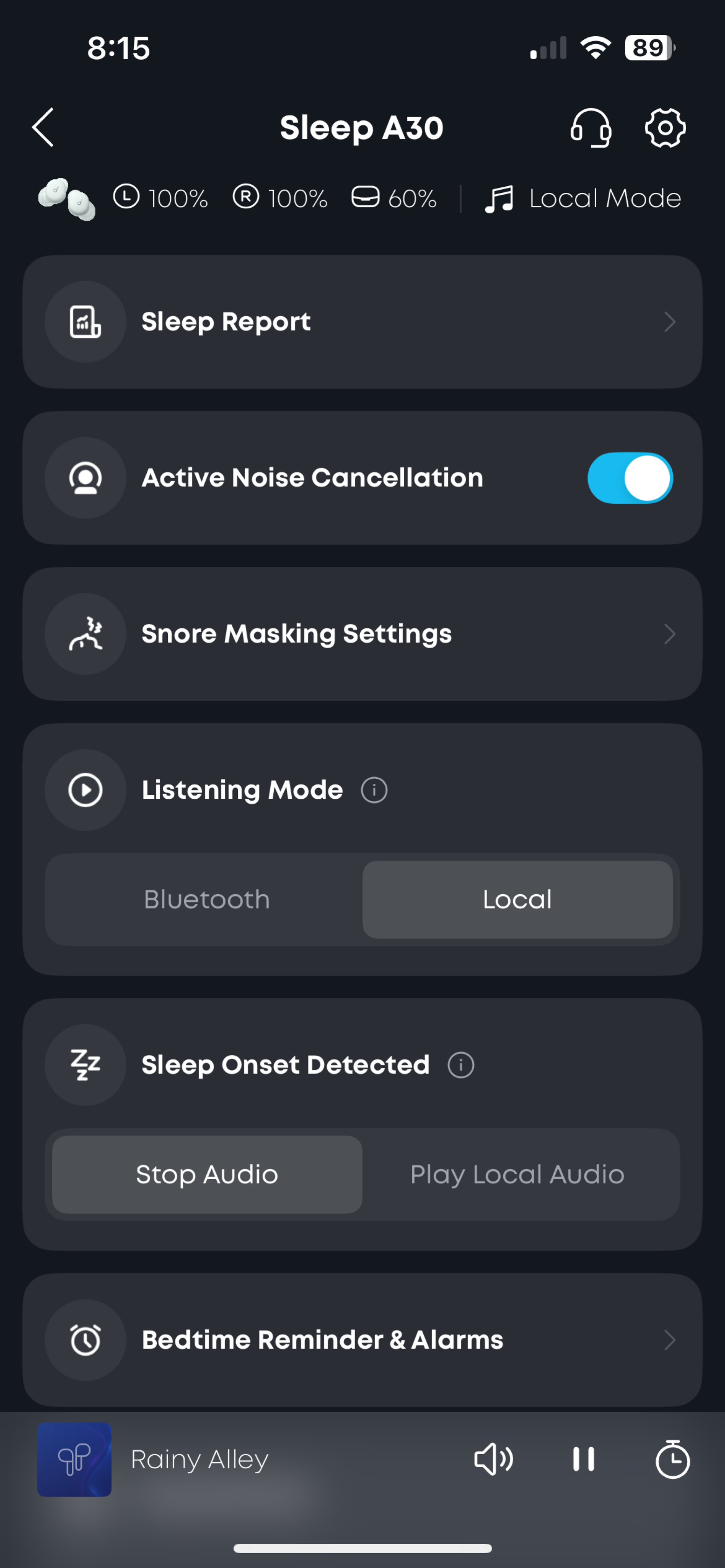 screenshot of home screen of sleep a30 app