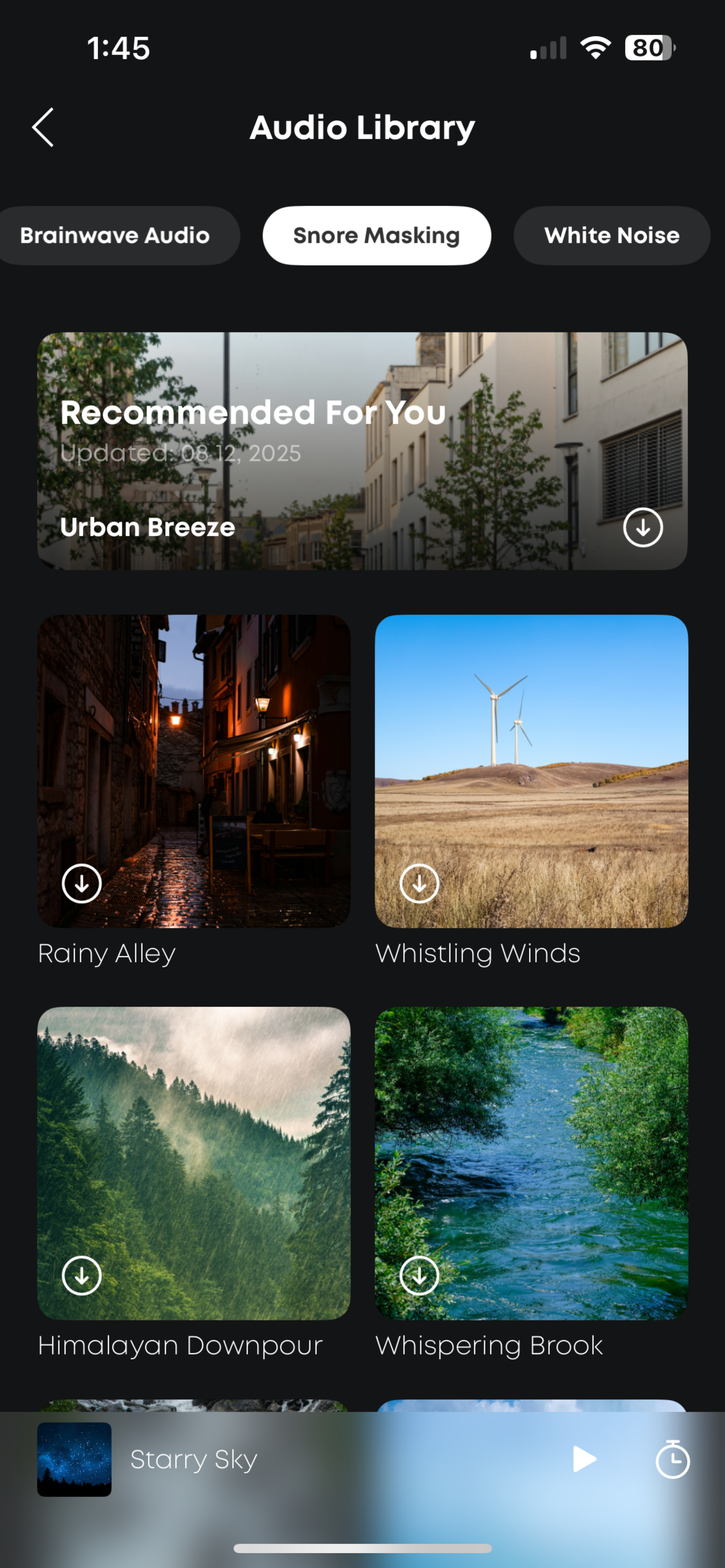 screenshot of snore masking soundscapes on soundcore app